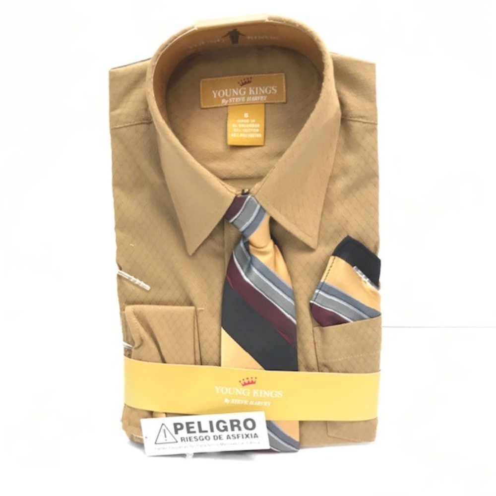 Young Kings by Steve Harvey Boys Taupe Dress Shirt Brown Taupe Tie Hanky